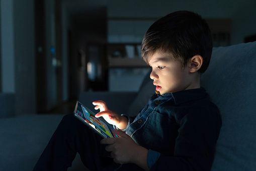 Portrait of a young boy using an app on a digital tablet at home at nighttime â lifestyle