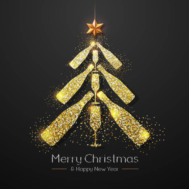 stockillustraties, clipart, cartoons en iconen met kerst poster met gouden champagnefles. gouden kerstboom op rode achtergrond - wine christmas