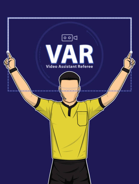 Football referee shows video assistant referees action. Football referee shows video assistant referees action on blue background. Vector illustration replay stock illustrations