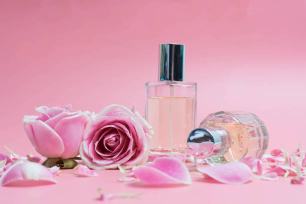 istock Beautiful perfume bottles  and rose on pink background 1132526177