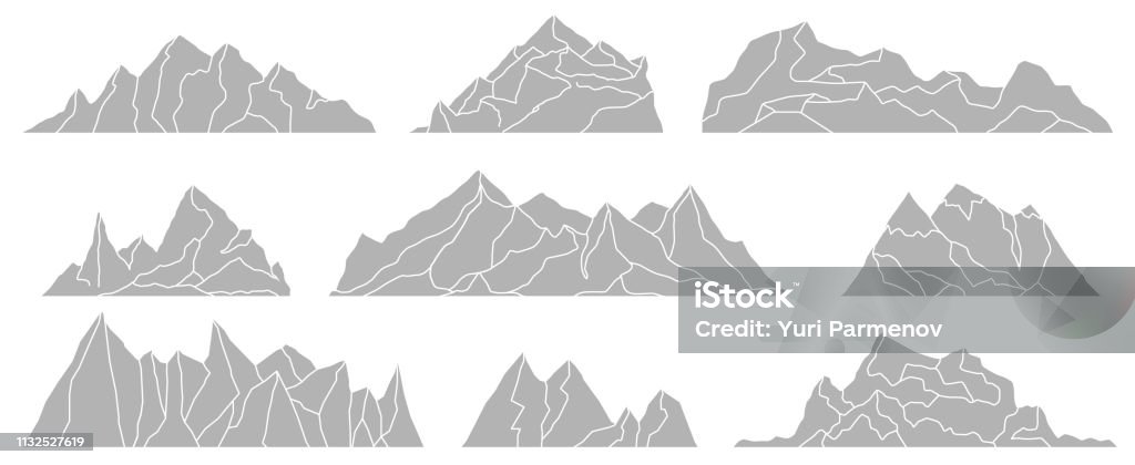 Mountains silhouettes isolated on the white background. Panoramas of rocks. Vector set for landscape design. Adventure stock vector