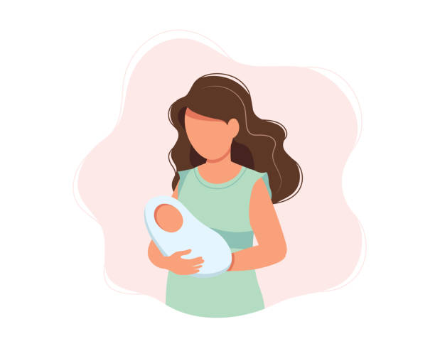 ilustraciones, imágenes clip art, dibujos animados e iconos de stock de mujer sosteniendo bebé recién nacido, concepto vector ilustración en lindo estilo de dibujos animados, salud, cuidado, maternidad - newborn