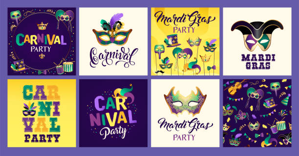 Mardi Gras carnival set icons, design element. Mardi Gras carnival set icons, design element. Collection mask with feathers, beads, joker, fleur de lis, comedy and tragedy, party decorations for card, poster, flyer and other users. mardi gras stock illustrations