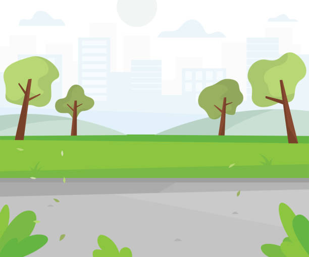 ilustraciones, imágenes clip art, dibujos animados e iconos de stock de parque de la ciudad con vistas a la ciudad - estadio de atletismo