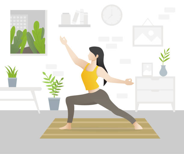 Young beautiful woman character doing yoga Young beautiful woman character doing yoga. Young woman in yoga posture and mediating. Girl performing aerobics exercise and morning meditation at home. Home exercises concept. Vector illustration meditation room stock illustrations