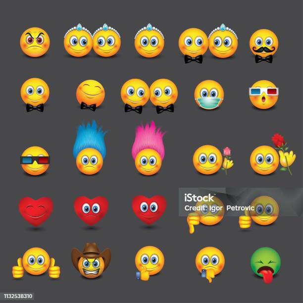 Set Of Emoticons Emoji Vector Illustration Stock Illustration - Download Image Now - Emoticon, 3-D Glasses, Anger