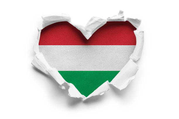 Heart shaped hole torn through paper, showing satin texture of flag of Hungary. Isolated on white background