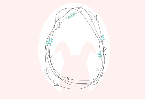 Easter white egg with rabbit ears and branches on pink background. Vector illustration