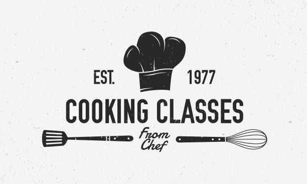 stockillustraties, clipart, cartoons en iconen met koken vintage logo. cooking class template logo met spatel en zwaaien. modern design poster. label, badge, poster voor food studio, kookcursussen, culinaire school. vector illustratie - thuisbereiding