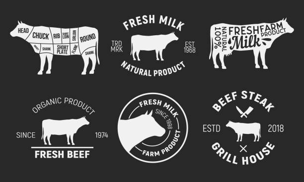 Set of Cow and Beef logos. Cow silhouettes isolated on black background. Cow meat cuts diagram. Vector emblems Vector illustration meat silhouettes stock illustrations