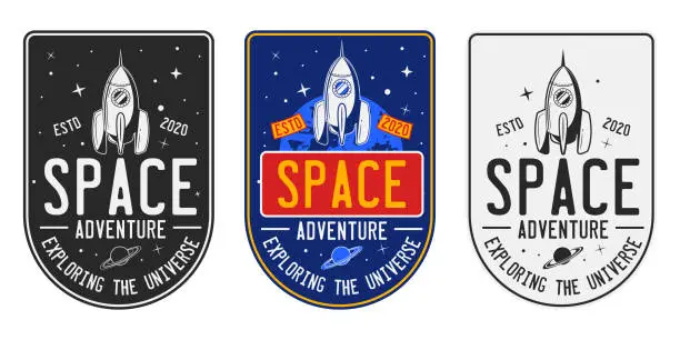 Vector illustration of Set of vintage space badges, logos, labels. Retro Space sign with rocket or spaceship in 3 different styles. Vector illustration