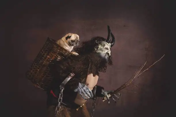 Krampus with pug in a basket