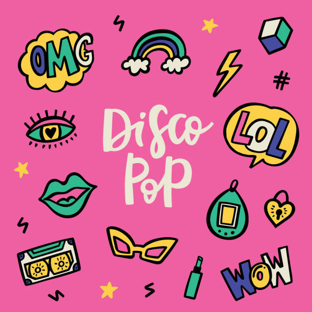 disco pop 90's stile doodle zestaw naklejek - human mouth audio stock illustrations