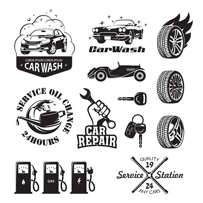 Set of logos and icons relating to service station car oil change, car wash and polish the car, repair, change of tires, refueling of petrol, gas and electricity