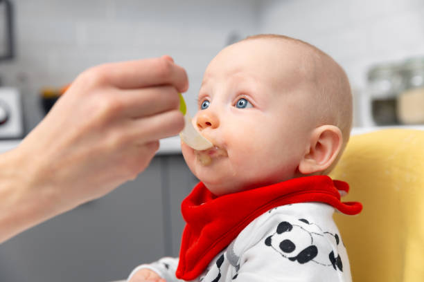 mère nourrit bébé garçon avec une cuillère. aliments sains pour bébés à la maison - fruit variation photos et images de collection