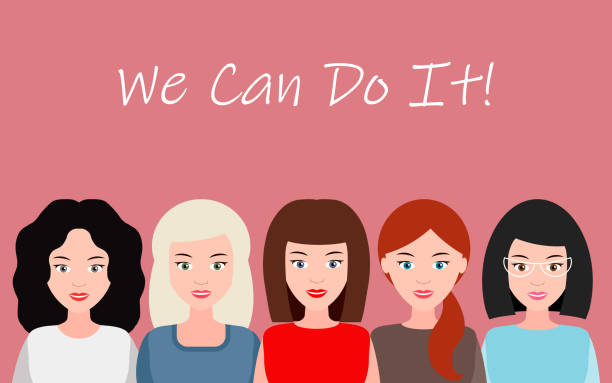 We Can Do It. Symbol of female power, woman rights, protest, feminism. Vector. We Can Do It poster. Strong girl. Symbol of female power, woman rights, protest, feminism. Vector illustration. Group of positive women with smiles. rosie the riveter cartoon stock illustrations