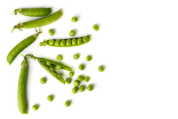 pois verts en gousses et dispersés sur un blanc. la vue depuis le haut. - petit pois photos et images de collection