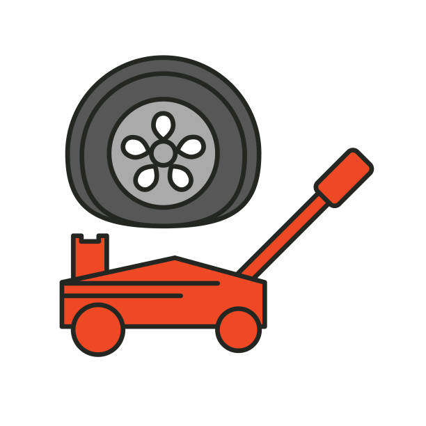 автомобиль джек - автомобильная икона - спущенное колесо stock illustrations