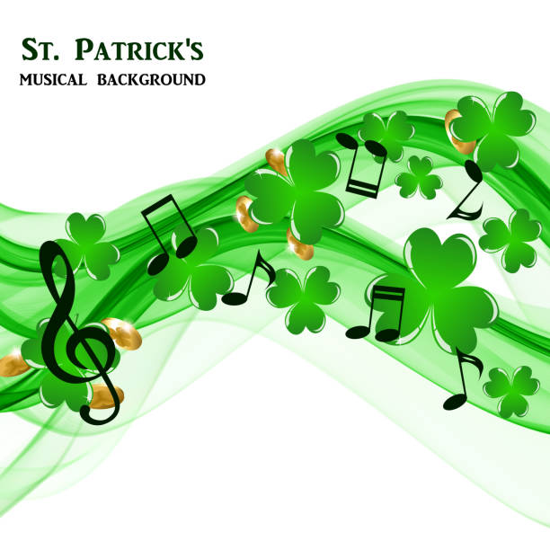 St. Patrick's Day Music Card Abstract musical background and clover petals with gold coins irish shamrock clip art stock illustrations