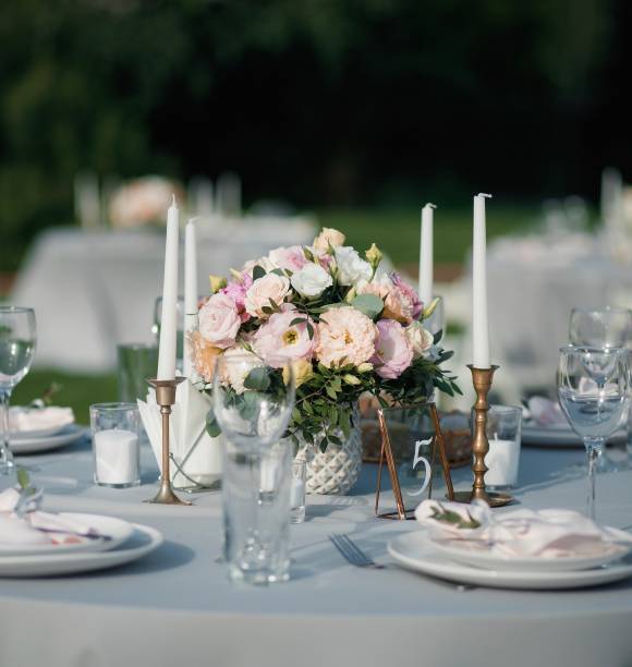 istock Beautiful decorated table with meals at wedding reception closeup 1132572912