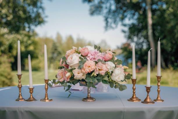 istock Beautiful decorated table with meals at wedding reception closeup 1132572962