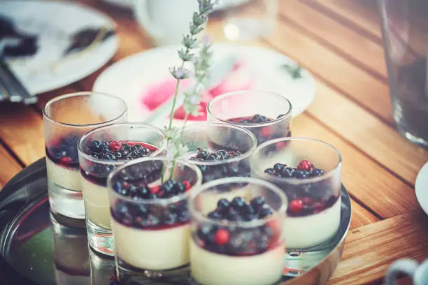 Dessert Pannacotta with blue berries on a tray outdoor in summer