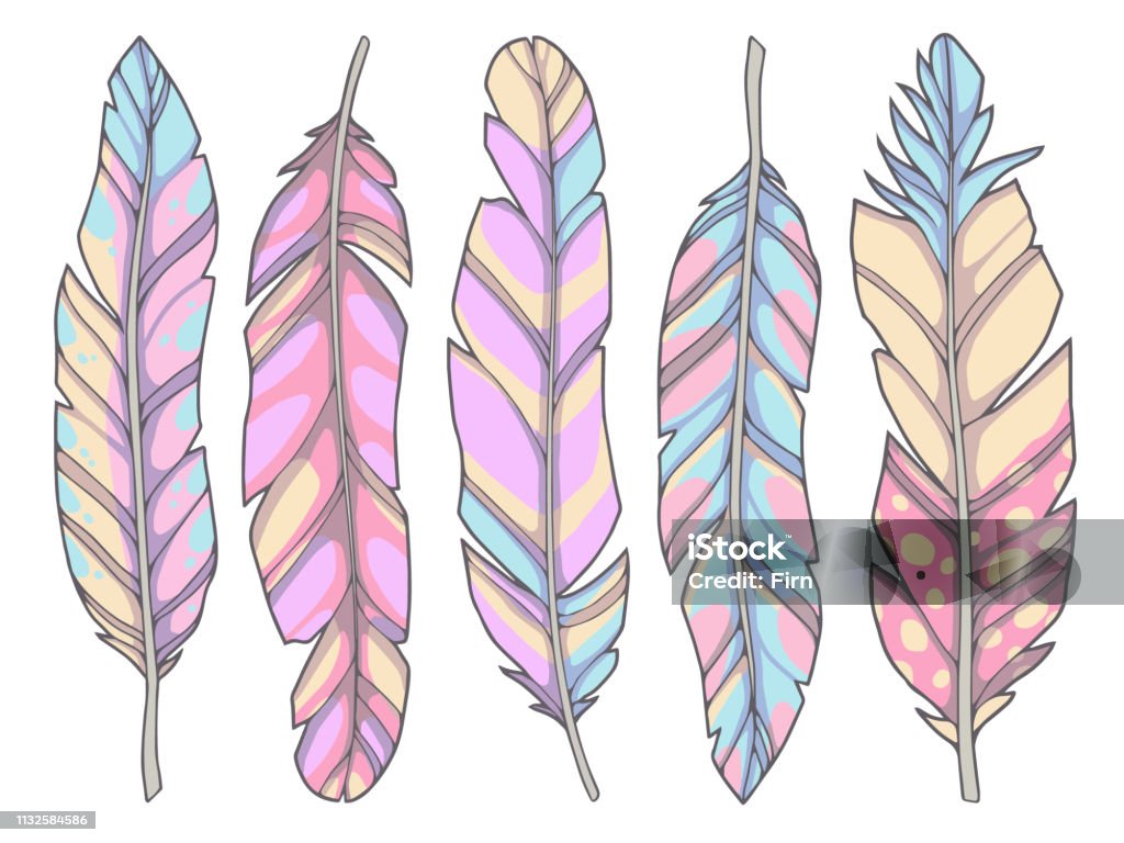 Vector Collection Of Pastel Rainbow Colored Cartoon Feather Drawings Stock  Illustration - Download Image Now - iStock