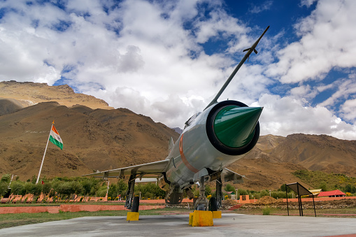 KARGIL, JAMMU AND KASHMIR / INDIA - SEPTEMBER 1ST, 2014 : MIG-21 fighter plane of India used in Kargil war 1999 between Pakistan and India, memorial of operation vijay. Kargil - himalayan mountains.