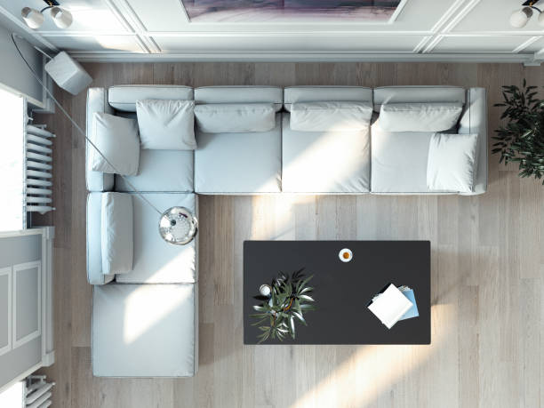 istock Bright living room interior with big window and white couch. 3d rendering. 1132586025