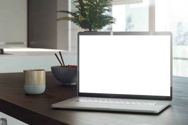 istock Laptop with blank screen in cafe. asian food on background. 3d rendering. 1132586633