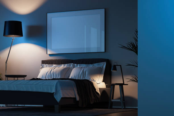 istock Blank white poster in modern stylish bedroom on bright wall , 3d rendering. 1132586792