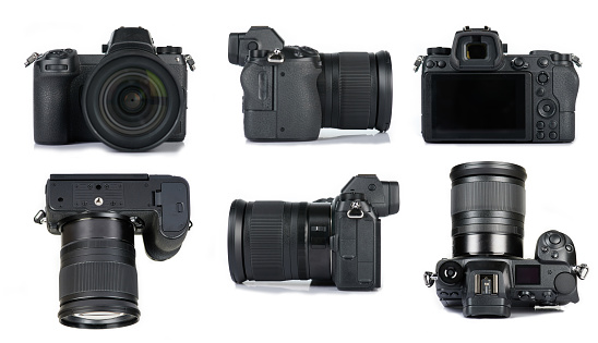 Modern digital camera above, top, side and front views. 3d model of mirrorless photocamera