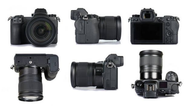 Modern digital camera Modern digital camera above, top, side and front views. 3d model of mirrorless photocamera slr camera stock pictures, royalty-free photos & images
