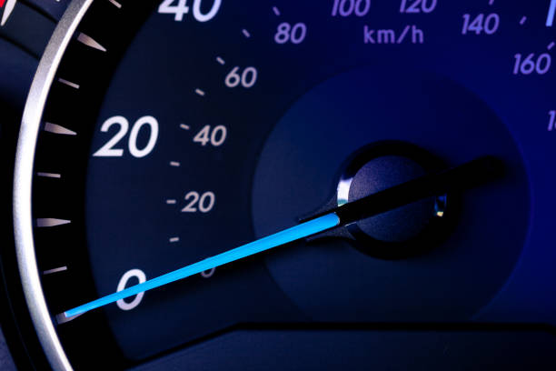 istock Close up of car speedometer with speed indicating 0. No progress concept 1132589911