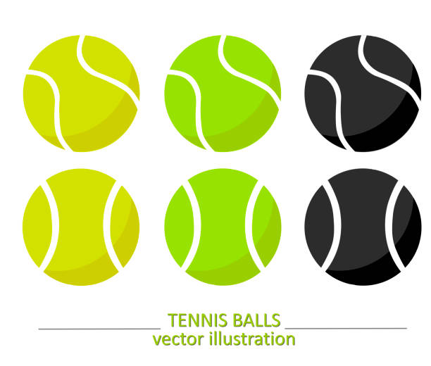 set aus gelben, grünen und schwarzen lautstärke-tennisbällen auf weißem hintergrund. vector design. sport, fitness, aktivitätsvektorabbildung. vektorelemente der ausrüstung für tennis. realistische farbversion. - tennisball stock-grafiken, -clipart, -cartoons und -symbole