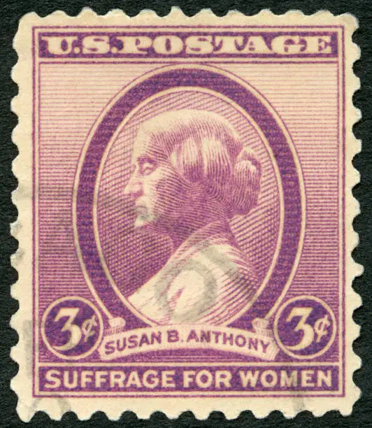 Postage stamp printed in the USA shows portrait Susan Brownell Anthony (1820-1906), social reformer and rights activist in 1936