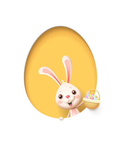 Easter bunny in a egg shaped yellow hole with a basket filled with decorated eggs - isolated on white Easter bunny in a egg shaped yellow hole with a basket filled with decorated eggs - isolated on white rabbit stock illustrations