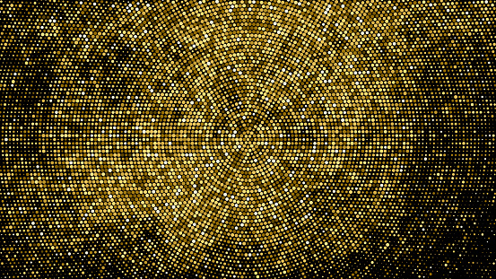 Gold Glitter Halftone Dotted Backdrop. Abstract Circular Retro Pattern. Pop Art Style Background. Golden Explosion Of Confetti. Digitally Generated Image. Vector Illustration, Eps 10.