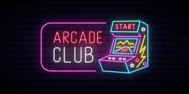 ilustraciones, imágenes clip art, dibujos animados e iconos de stock de muestra de neón de la máquina de juego arcade. emblema del club arcade. diseño publicitario. letrero de luz nocturna. ilustración vectorial. - vector background video