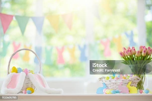 Easter Home Decoration Eggs Basket And Bunny Stock Photo - Download Image Now - Easter, Backgrounds, Table