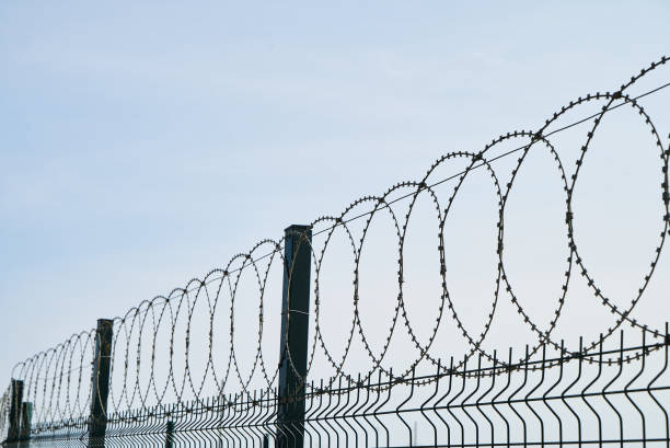 istock Barbed wire against cloudy sky, close-up outdoors 1132609039