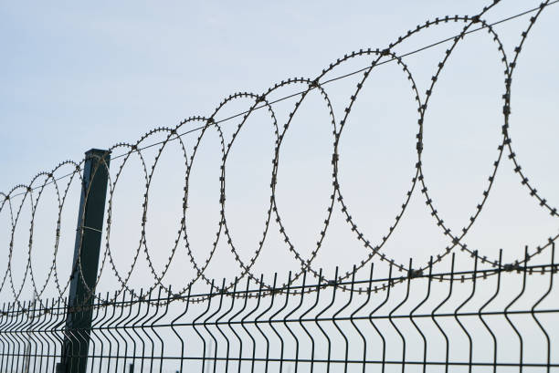 istock Barbed wire against cloudy sky, close-up outdoors 1132609047
