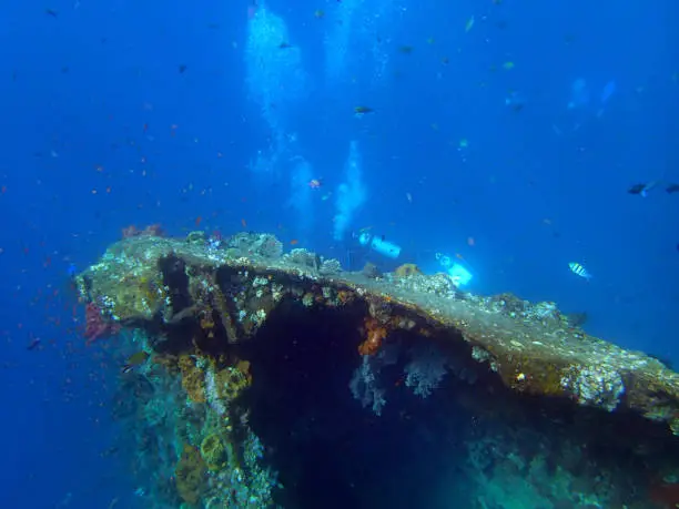 shipwreck USS Liberty with diver - Bali Indonesia Asia