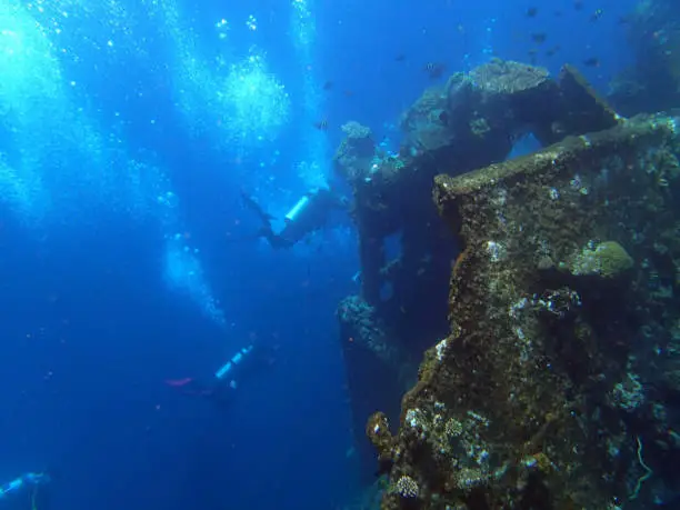 shipwreck USS Liberty with diver - Bali Indonesia Asia