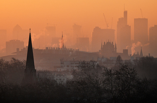 The view over the London cityscape at dawn from Primrose Hill in the north of the City.