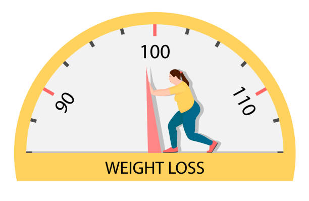Fat woman struggling with an arrow of weights. A woman tries very hard to lose weight. weight loss stock illustrations