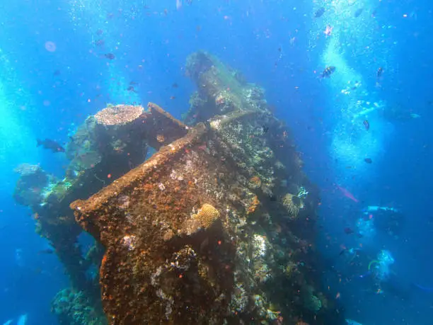 shipwreck USS Liberty with diver - Bali Indonesia Asia