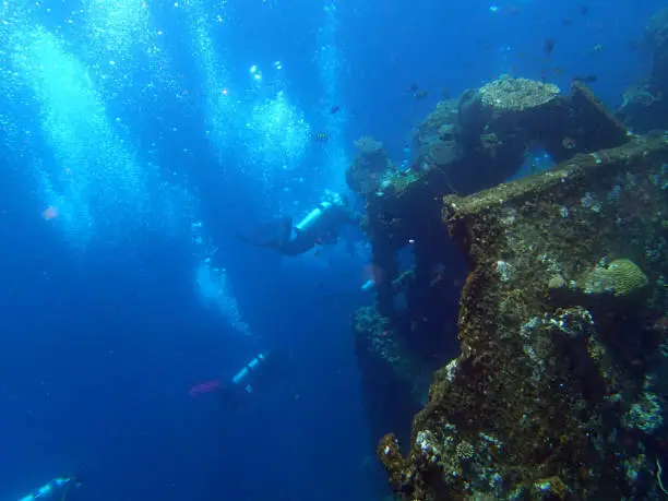 shipwreck USS Liberty with diver - Bali Indonesia Asia