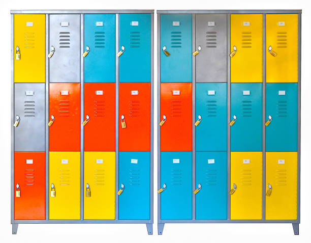 Red school locker agains a blue wall.