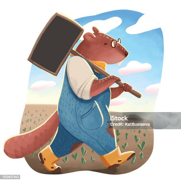 Illustration Of The Beaver Like Human In Glasses And Uniform Holding A Black Nameplate For Garden And Going On The Field Stock Illustration - Download Image Now